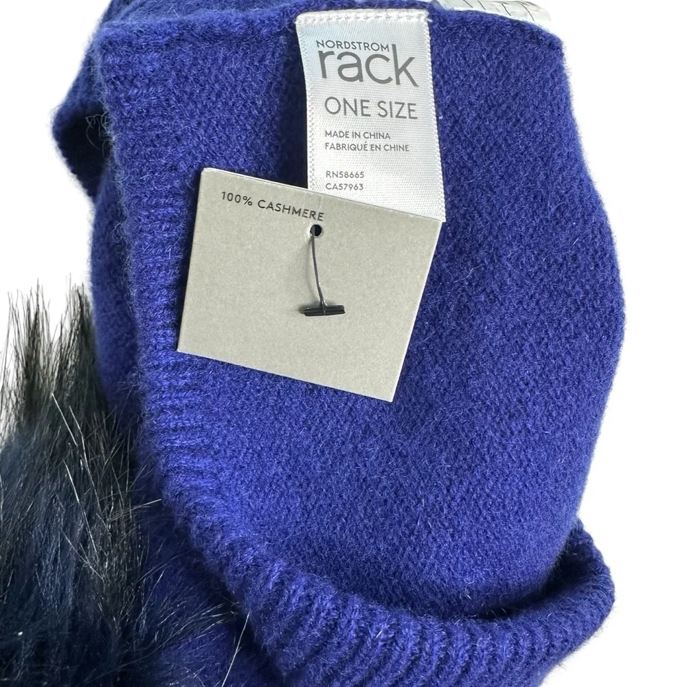 Nordstrom Rack Cashmere Ribbed Knit Beanie Faux Fur Pom Pom Cuff New!